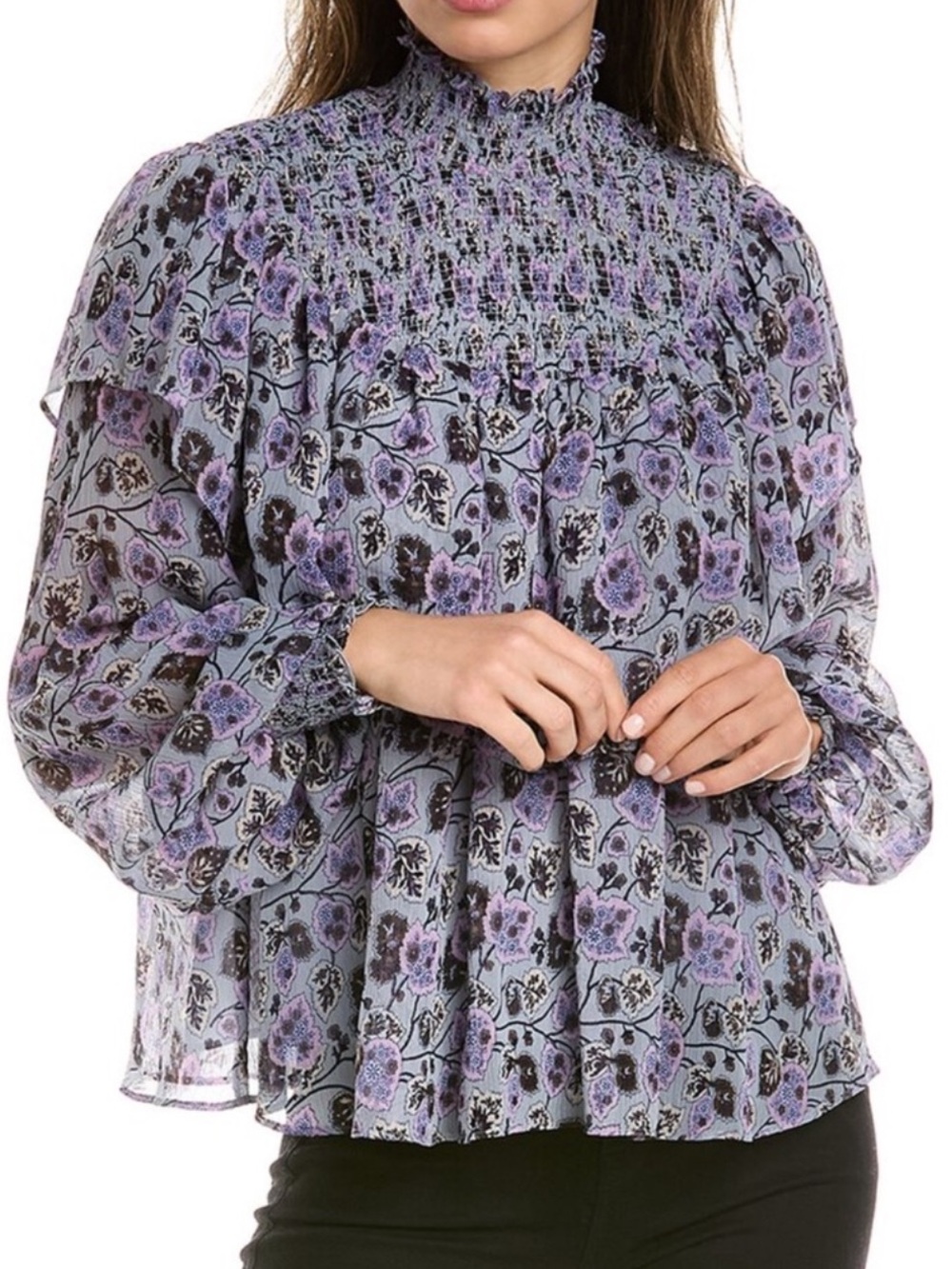 CINQ A SEPT Drew Georgette Top Ruffle Mock Neck Long Sleeve Blouse Smocked XS